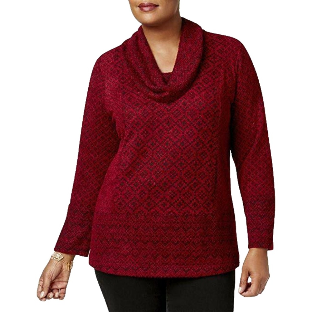 NEW Style Co. Women's Red Jacquard Geometric Cowl-Neck Sweater Plus Size 0X